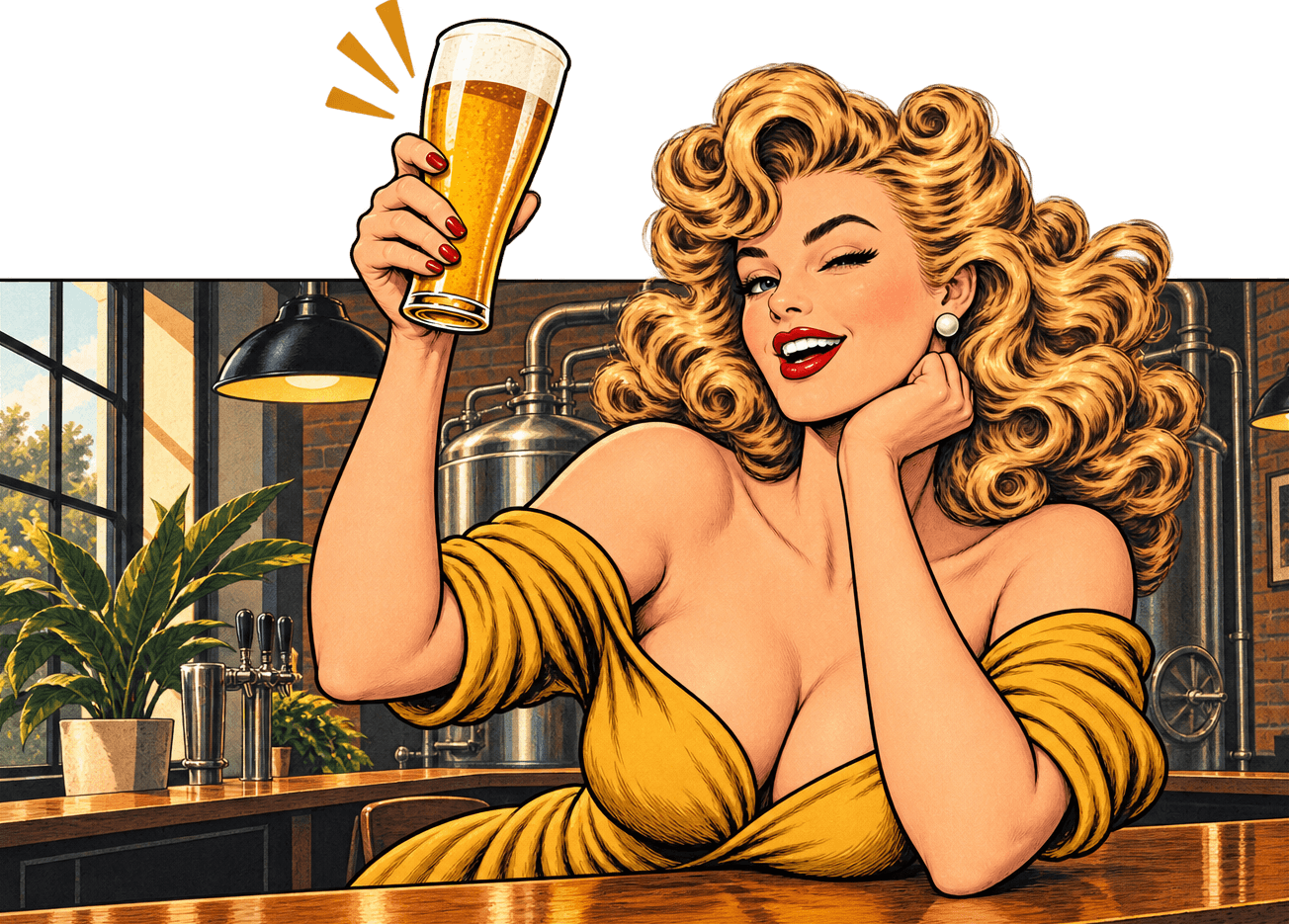 Retro illustration of a woman raising a glass of beer in a brewery taproom